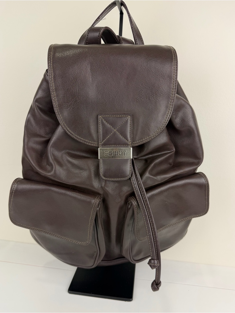 Esprit Y2K Brown Faux Leather Utility Backpack Minimalist Grunge
